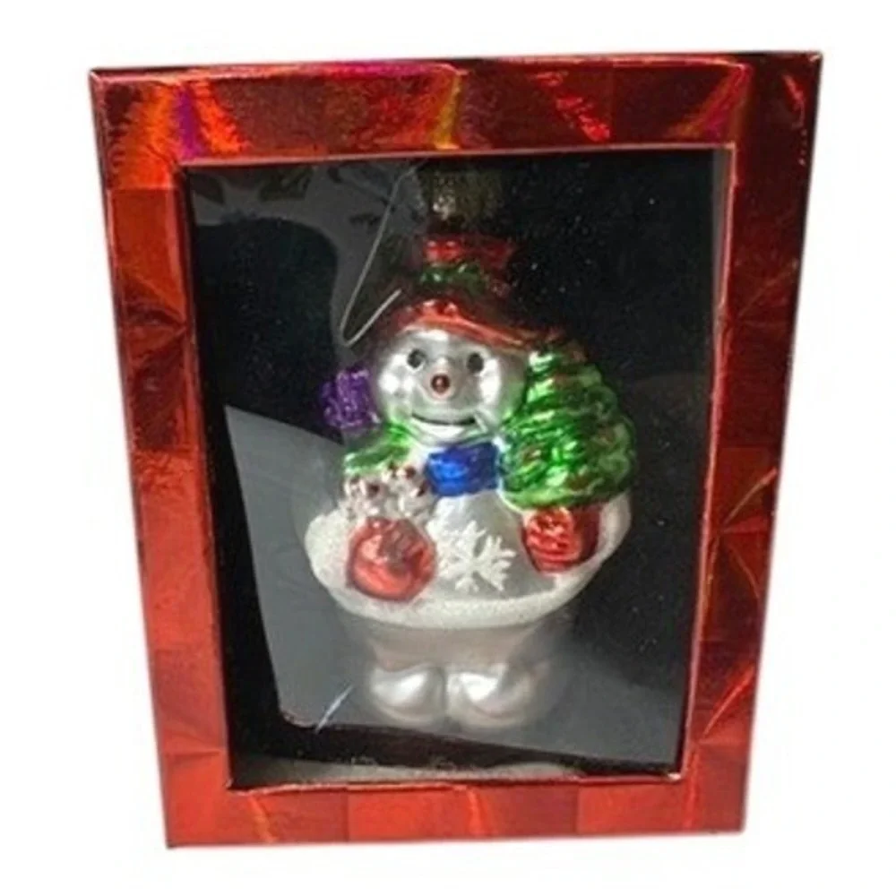 Glass Snowman Christmas Ornament Red‎ Hat Tree Snowflake Sparkle Gifts Retro